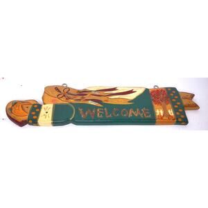 Vintage JDL Wooden Welcome Sign Folk Art Fall Autumn Thanksgiving Plaque